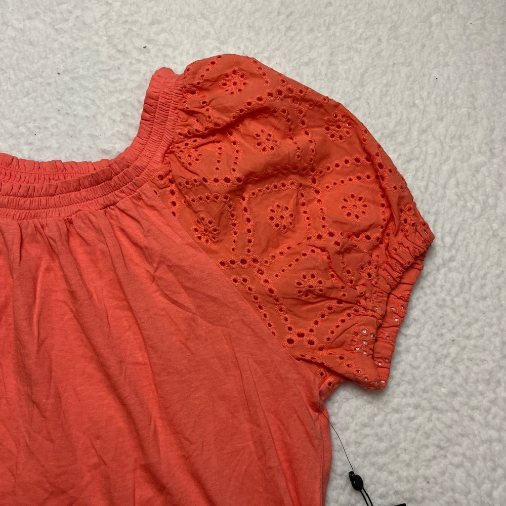 Jones‎ New York Top Womens PM Coral Sun Eyelet Puff Sleeve Smocked Neck